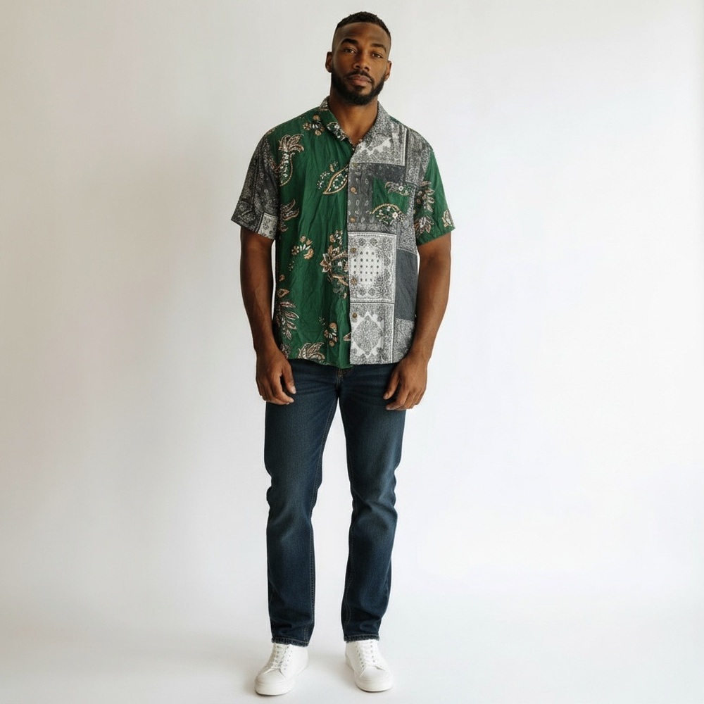 Urban Shores Men’s Green Bandana Patchwork Button Up Shirt Size‎ XL Streetwear